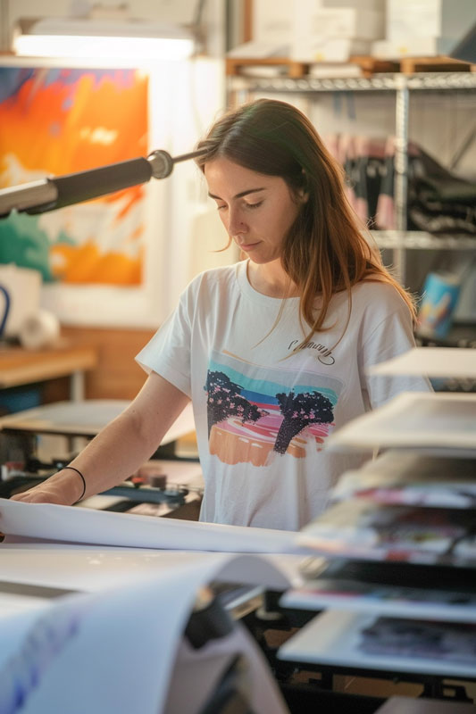 Transferdruck: Frau beim bedrucken eines T-Shirts